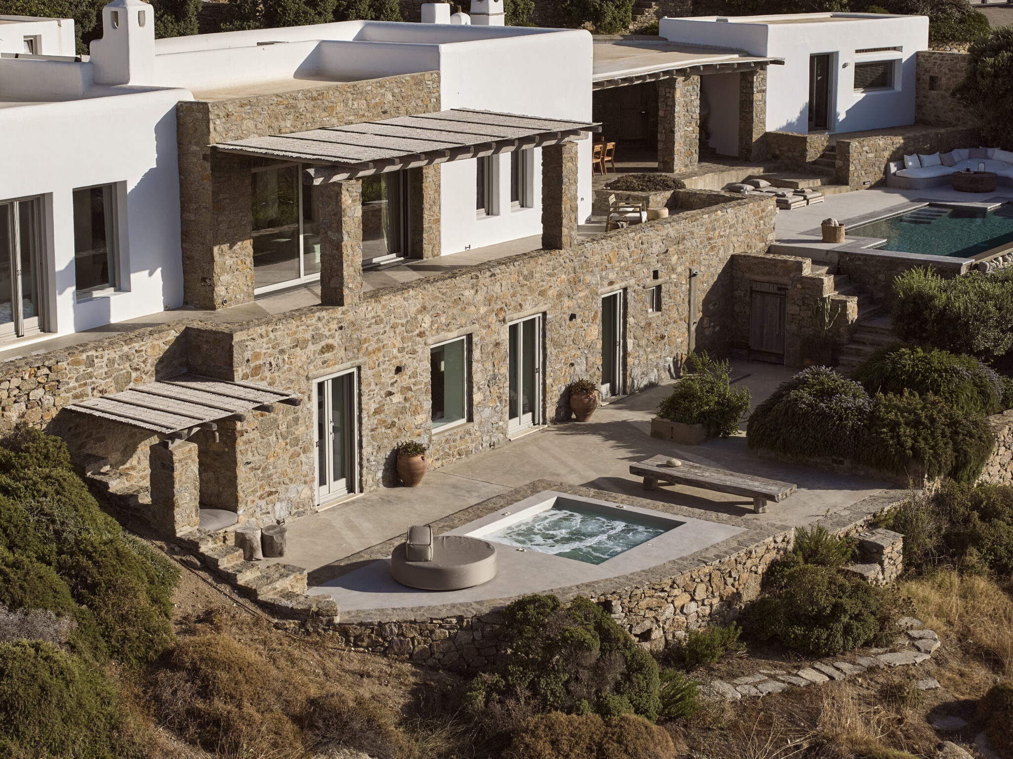 Aerial view of Villa Terra with private jacuzzi and swimming pool in Mykonos