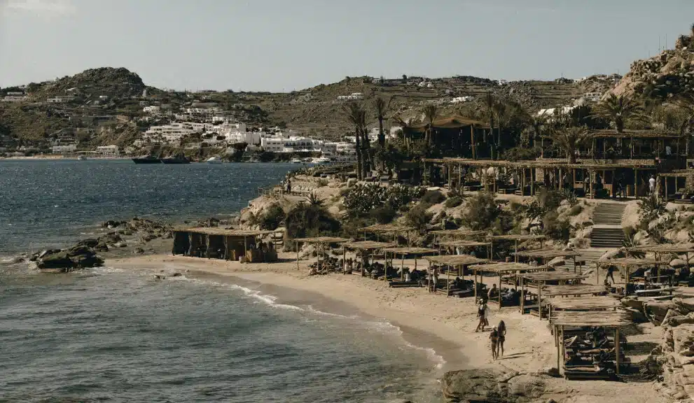 Beach and waterfront terraces at Scorpios Mykonos